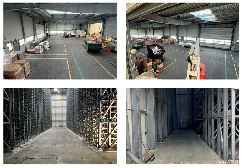 Geräumige Lagerhallen mit Betonböden, Rolltoren und hohen Regalsystemen für effiziente Logistik und Lagerung.