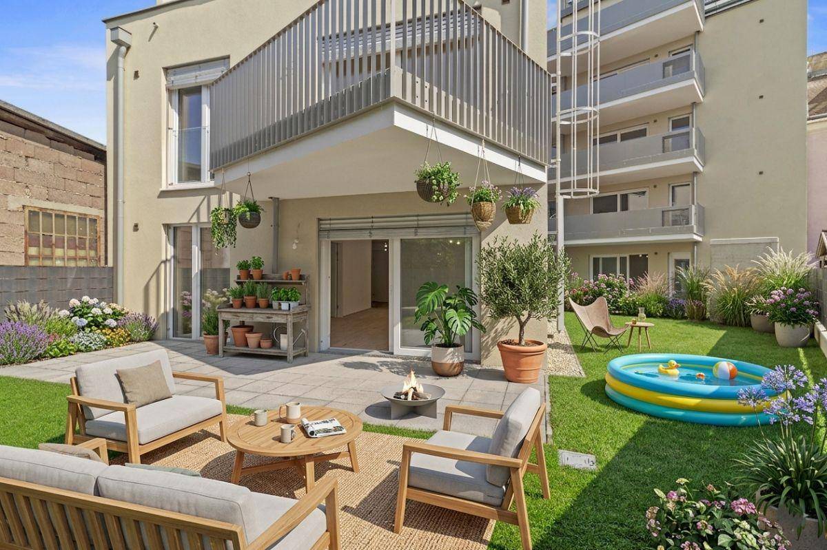 Großer Gartenbereich mit möblierter Terrasse, Feuerstelle und kleinem Planschbecken, ideal für Familien.