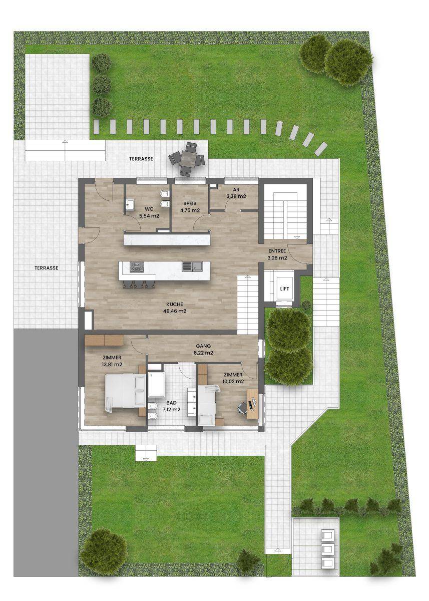 Grundriss des Erdgeschosses mit offener Küche, zwei Schlafzimmern, WC und Terrassen.