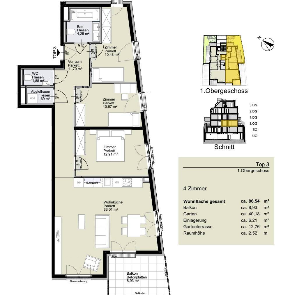 Grundriss des 1. Obergeschosses mit Wohnküche, drei Zimmern und Balkon.