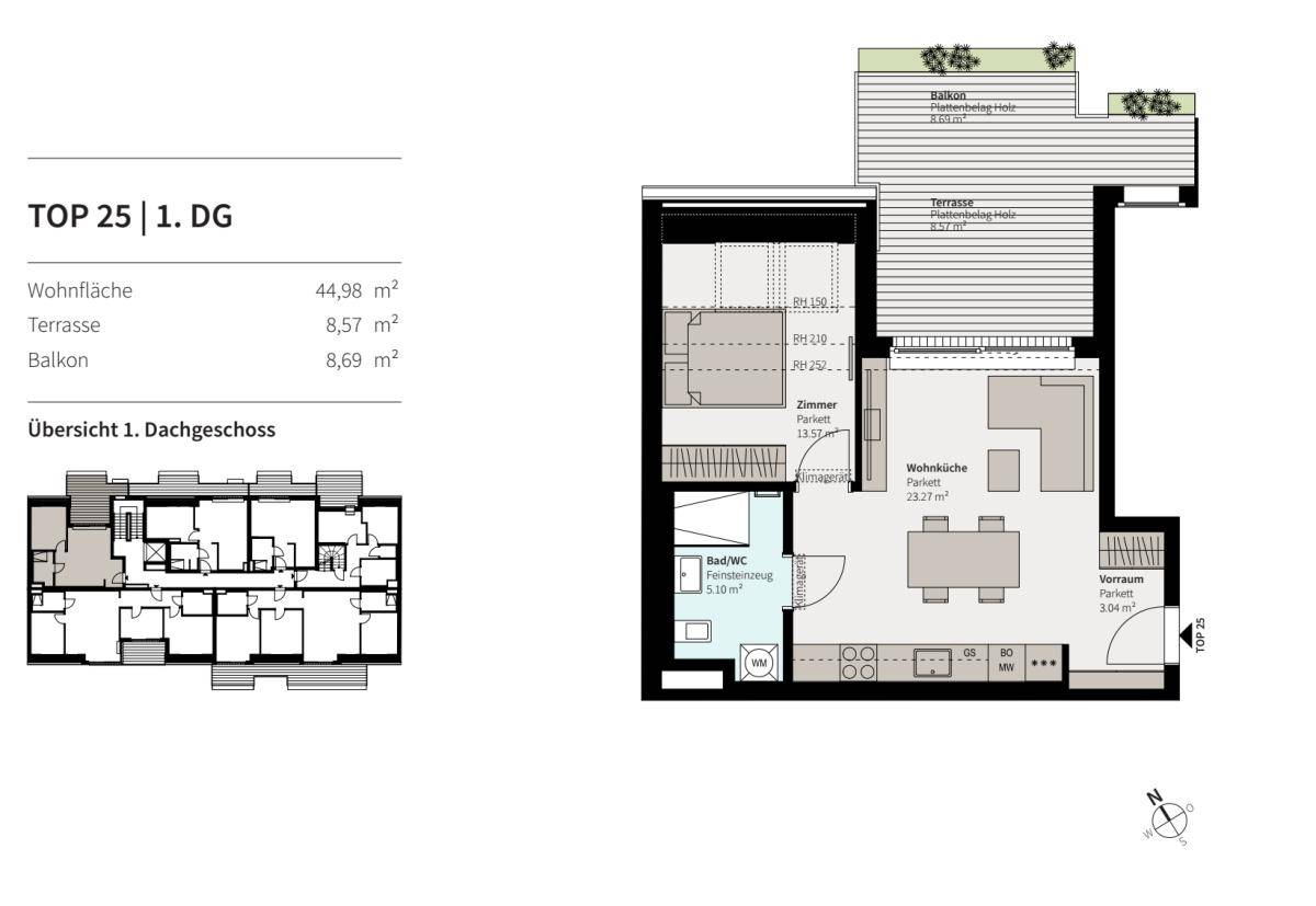 Grundriss der Dachgeschosswohnung TOP 25 mit Wohnküche, Zimmer, Terrasse und Balkon.