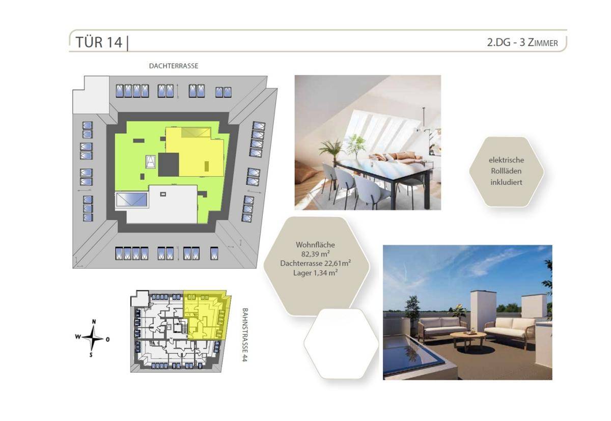 Übersicht des Dachgeschosses mit Grundriss, Dachterrasse und Wohnbereichs-Visualisierung.