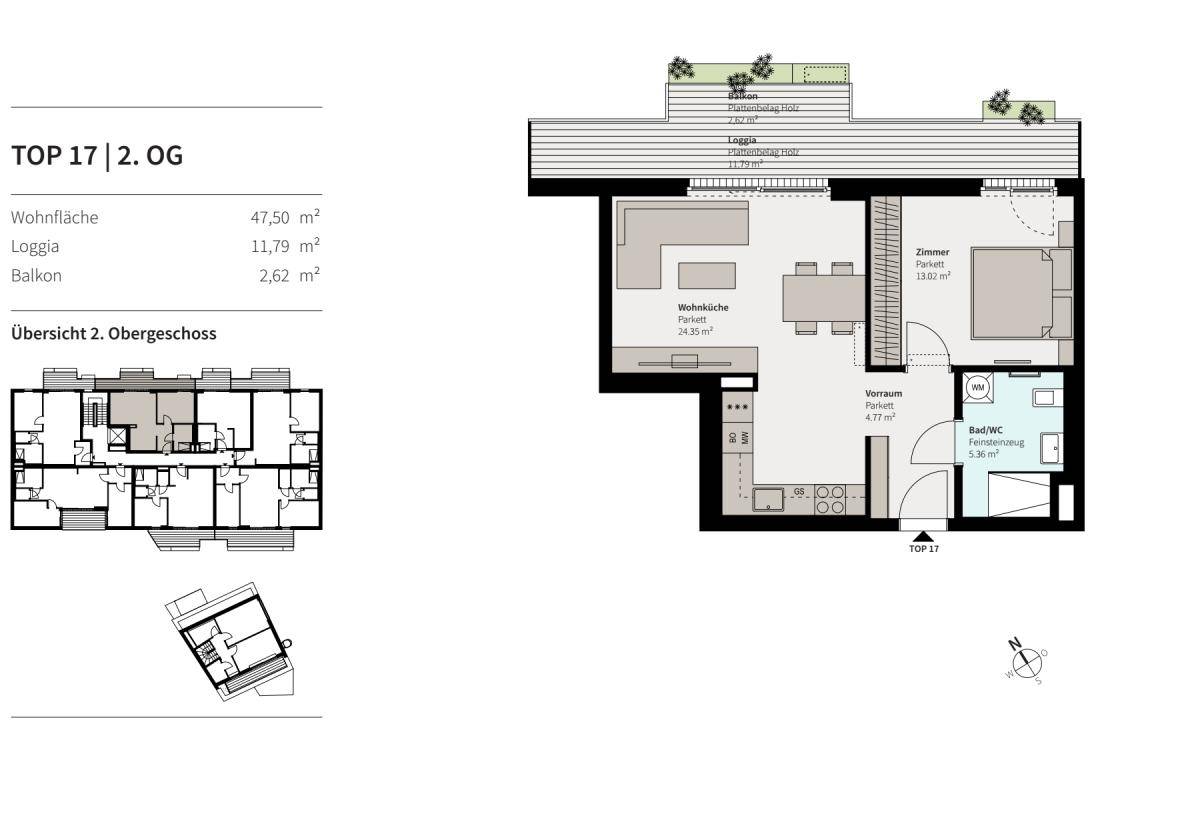 Grundriss der Wohnung TOP 17 im 2. Obergeschoss mit Wohnküche, Zimmer und Loggia.