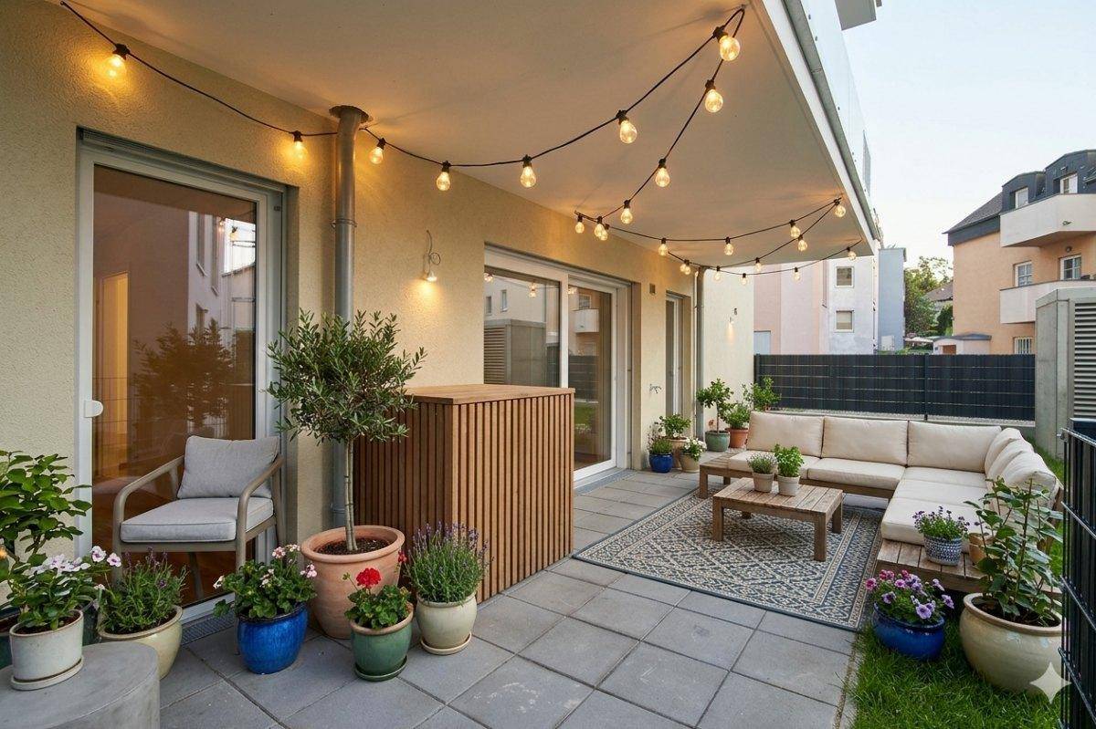 Gemütliche, möblierte Terrasse mit Lichterkette, Pflanzen und bequemen Sitzgelegenheiten.