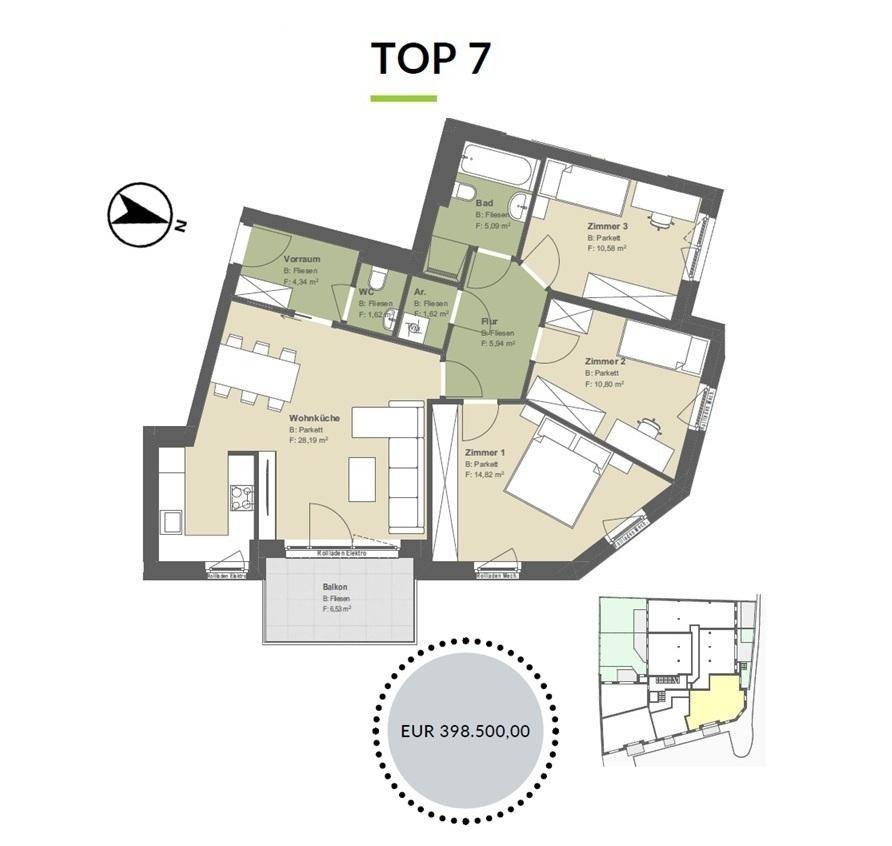 Grundriss der Wohnung Top 7 mit drei Schlafzimmern, Wohnküche und Balkon.