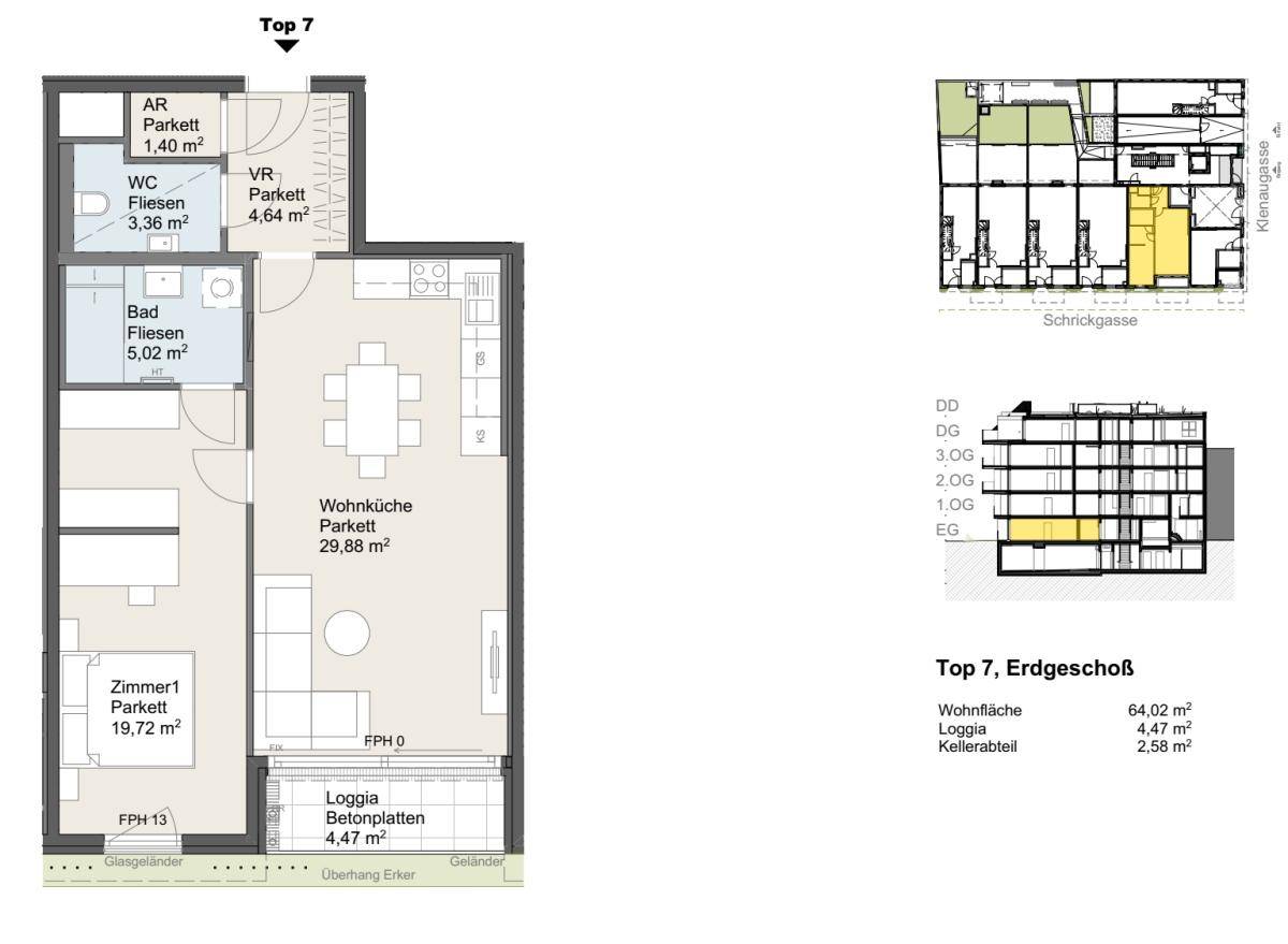 Grundriss der Wohnung Top 7 im Erdgeschoss mit Wohnküche und Loggia.