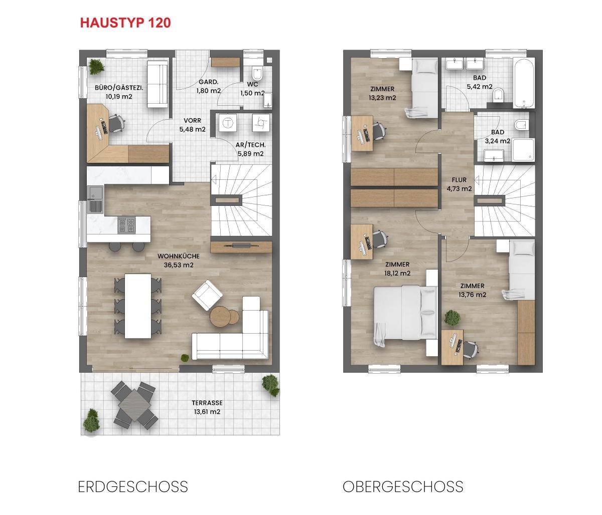 Grundriss des Haustyps 120 mit Erdgeschoss und Obergeschoss, inklusive Raumaufteilung und Flächenangaben.