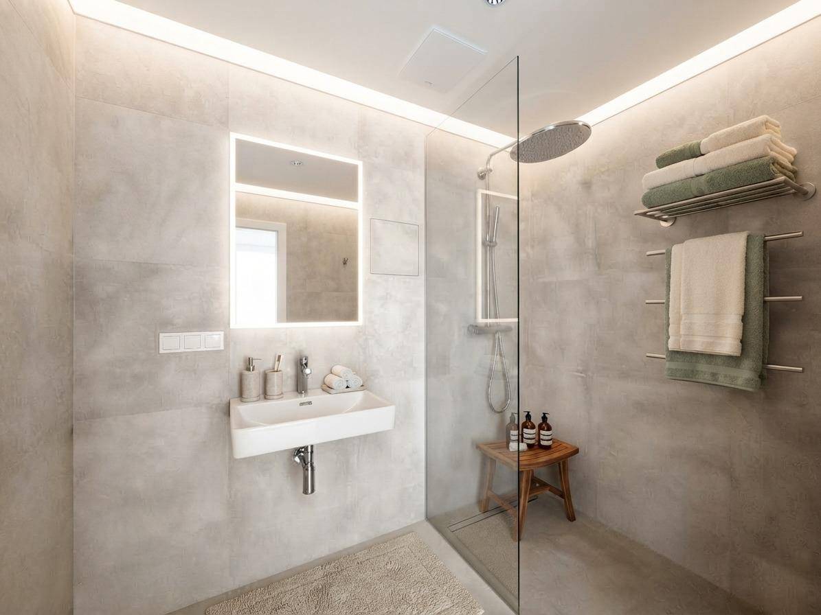 Modernes Badezimmer mit begehbarer Dusche, Wandwaschbecken und beleuchtetem Spiegel.