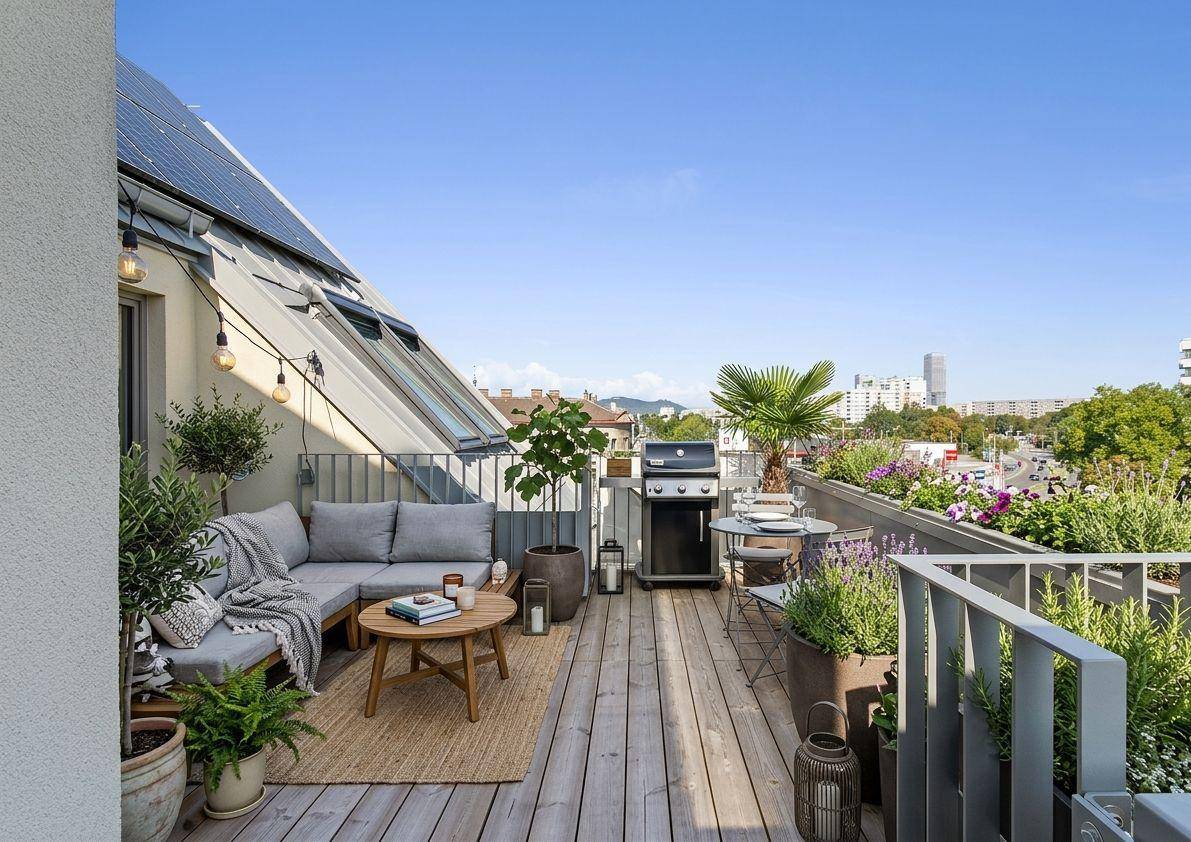 Geräumige Dachterrasse mit gemütlicher Lounge, Grillbereich und weitem Blick über die Stadt.