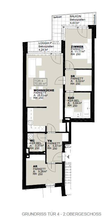 Grundriss einer Wohnung im 2. Obergeschoss mit Wohnküche, Loggia und Balkon.