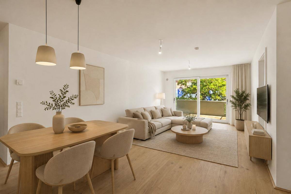 Heller, offener Wohn- und Essbereich mit modernem Mobiliar und Zugang zum Balkon.