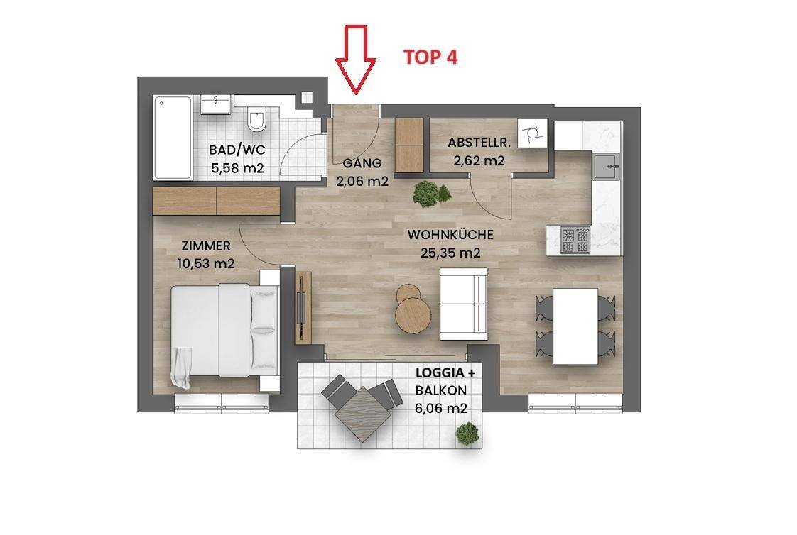 Grundriss der Wohnung Top 4 mit Wohnküche, Zimmer, Bad und Loggia.