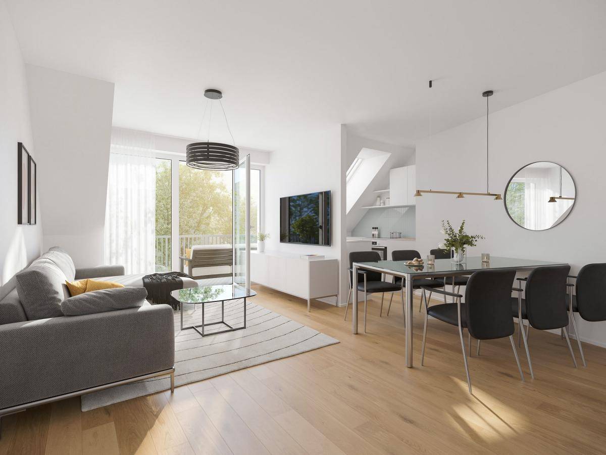Heller, offener Wohn-Essbereich mit modernem Design, Holzboden und Zugang zum Balkon.