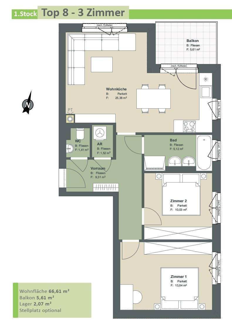Grundriss einer 3-Zimmer-Wohnung mit Wohnküche, Bad, WC und Balkon im ersten Stock.