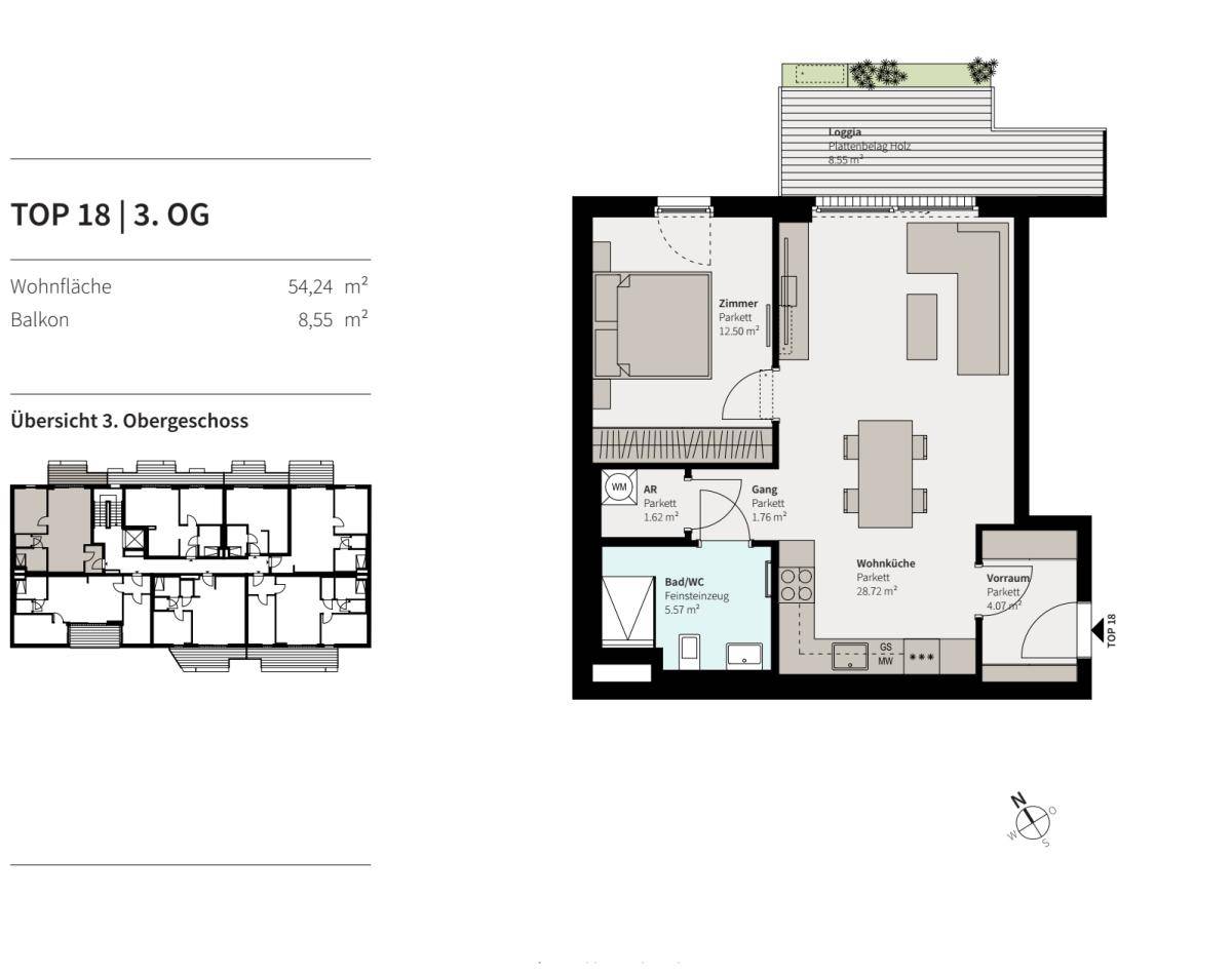 Grundriss der Wohnung TOP 18 im 3. Obergeschoss mit Wohnfläche und Balkon.