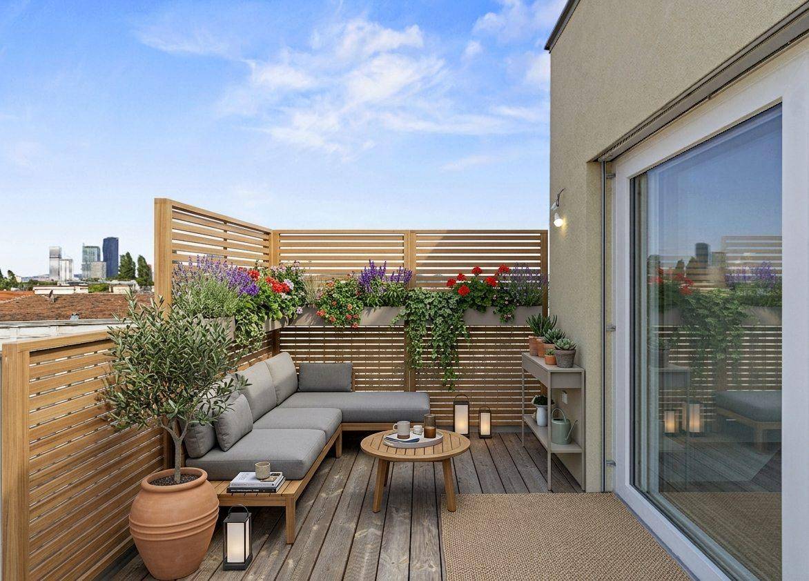 Gemütliche Dachterrasse mit Holzboden, bequemen Lounge-Möbeln und Blick auf die Stadtkulisse.