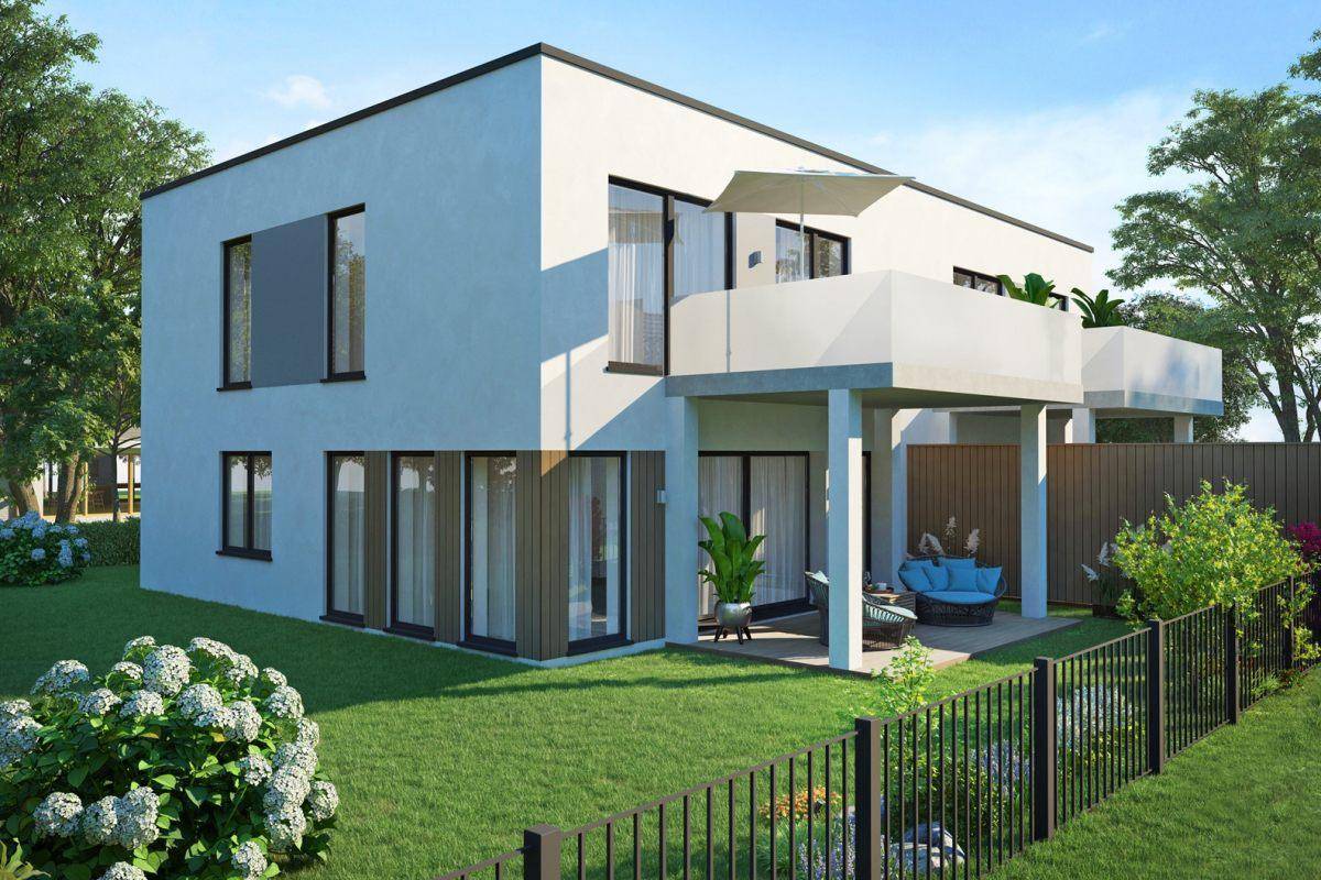 Seitliche Ansicht der modernen Doppelhaushälfte mit Terrasse und Balkon in grüner Umgebung.