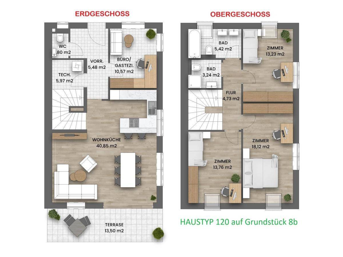 Grundrissplan eines Hauses mit Erd- und Obergeschoss, offener Wohnküche, drei Zimmern und zwei Bädern.