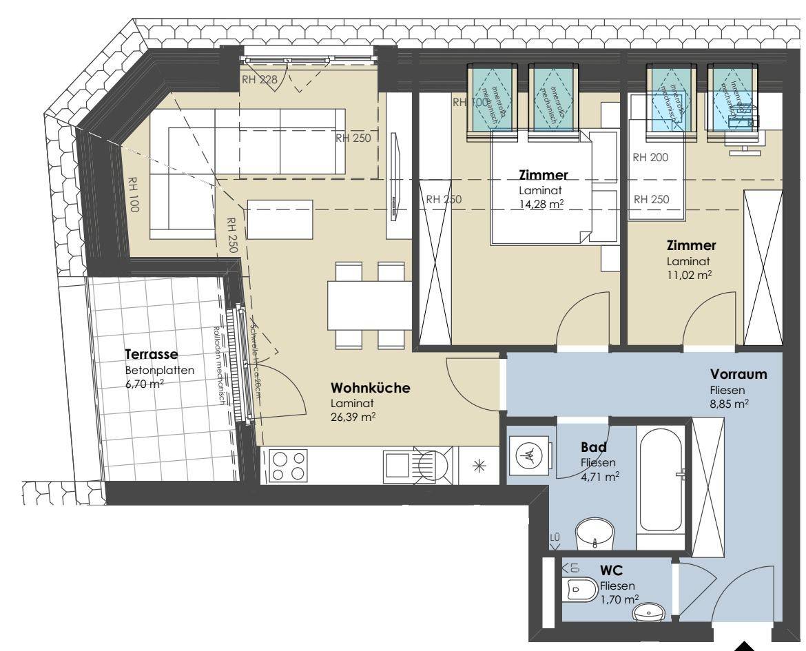 Detaillierter Grundriss einer Dachgeschosswohnung mit Terrasse, Wohnküche und zwei Zimmern.
