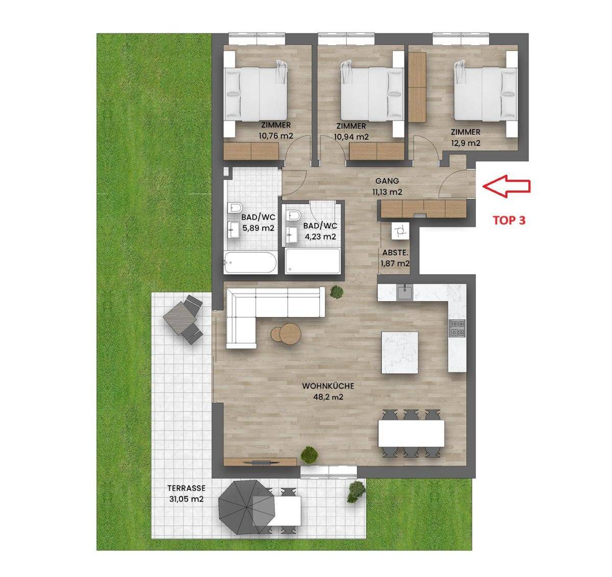 Detaillierter Grundriss der Wohnung Top 3 mit offener Wohnküche und Terrasse.