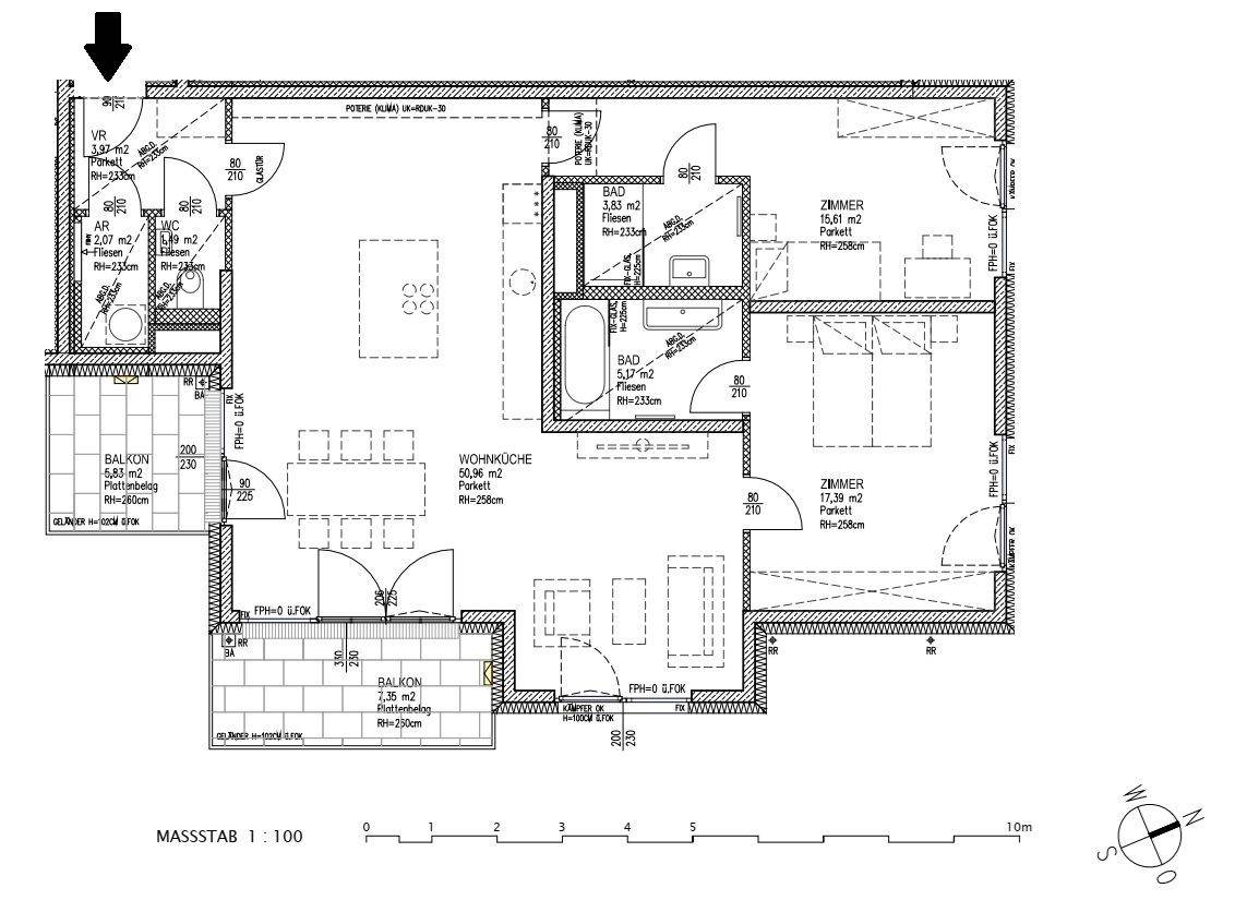 Grundriss einer Wohnung mit zwei Balkonen, offener Wohnküche und zwei Schlafzimmern.