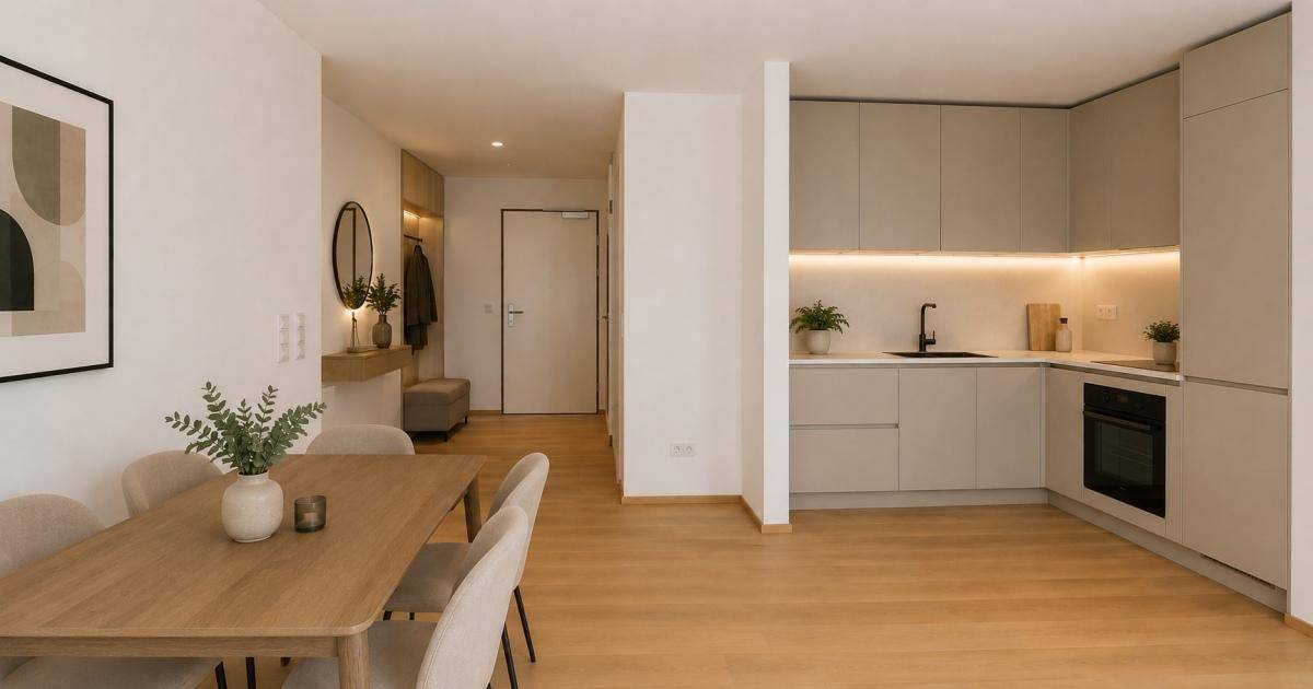 Moderne Einbauküche mit Essbereich und hellem Holzboden in offenem Wohnkonzept.