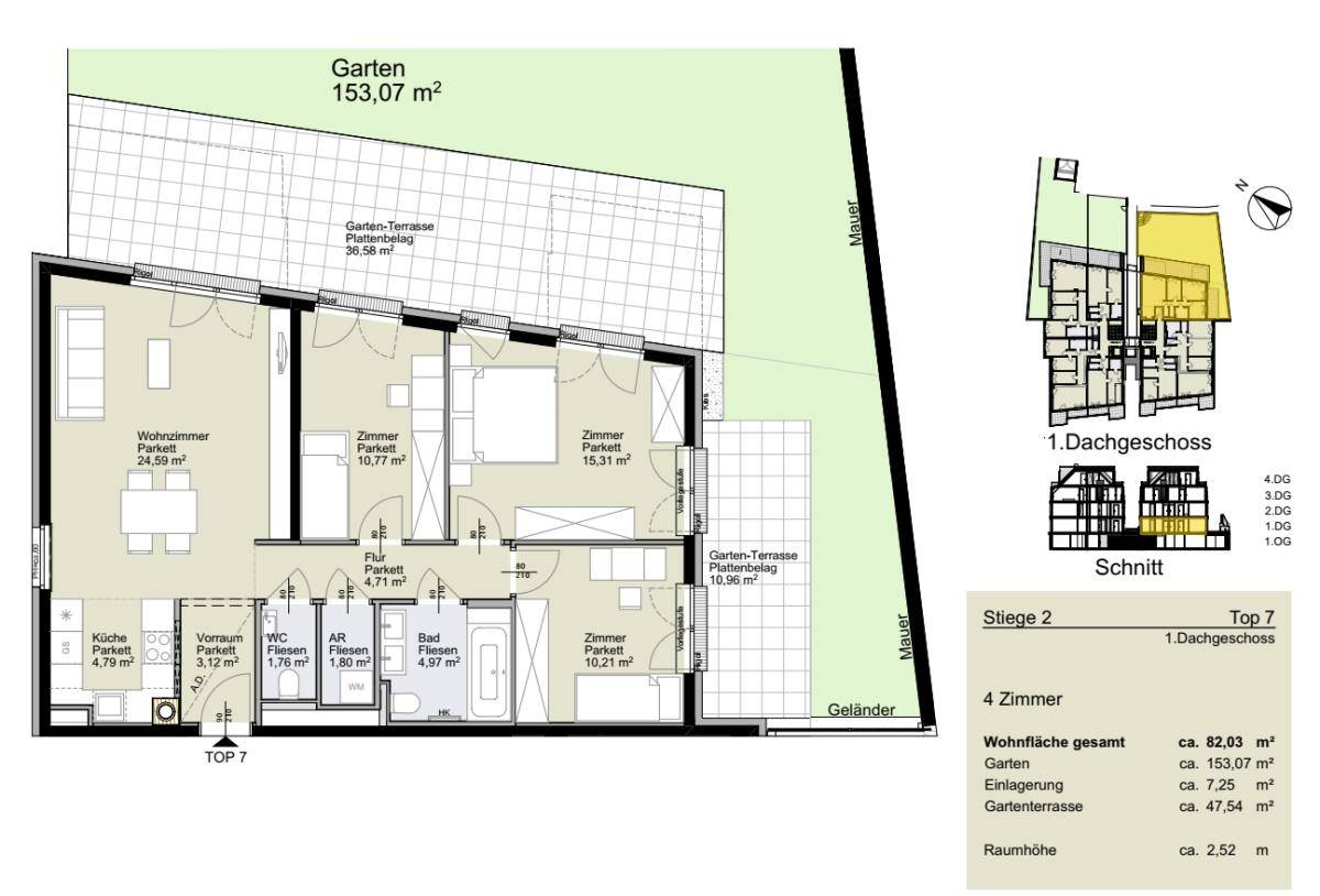 Detaillierter Grundriss einer 4-Zimmer-Wohnung mit Garten, Terrasse und Dachschrägen.