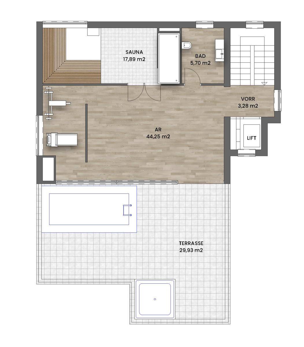 Grundriss der Dachterrasse mit Sauna, Bad, Pool und Whirlpool.