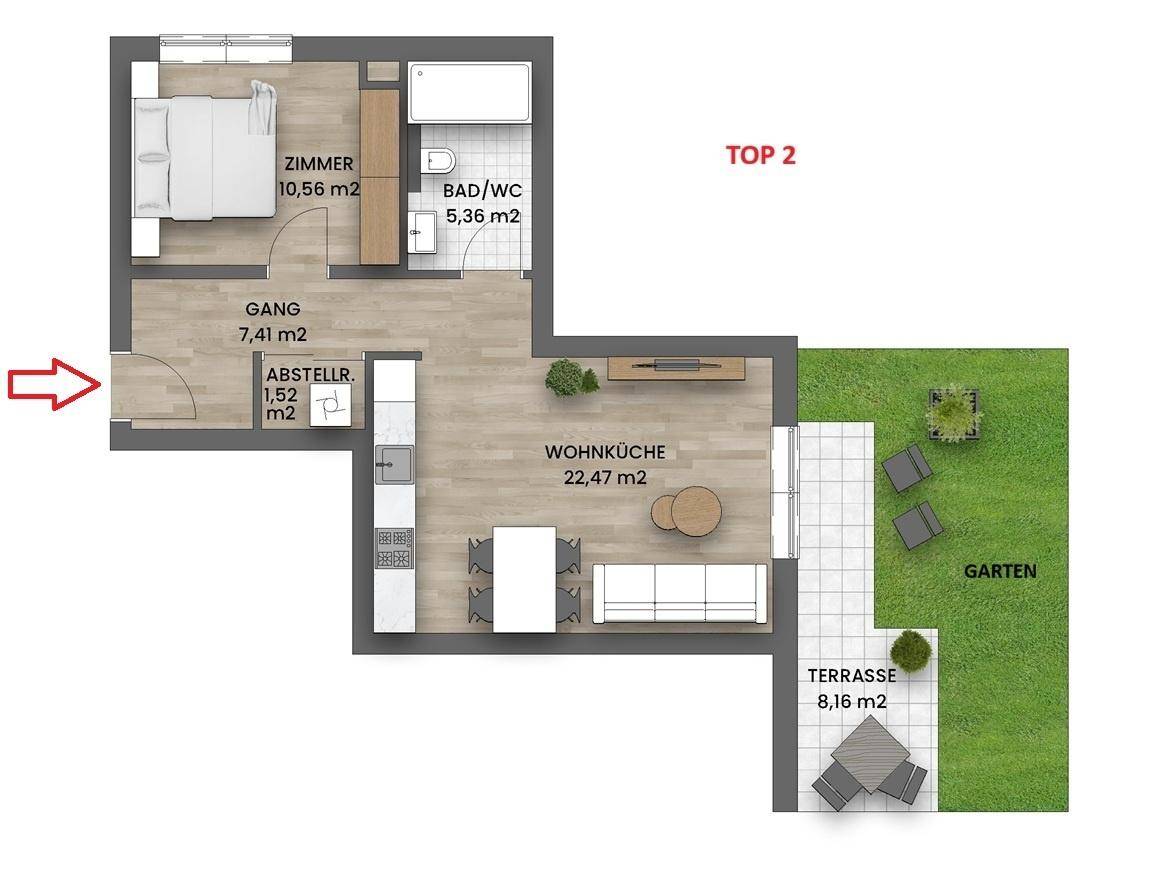 Grundriss der Wohnung TOP 2 mit Wohnküche, Schlafzimmer, Bad und Garten.