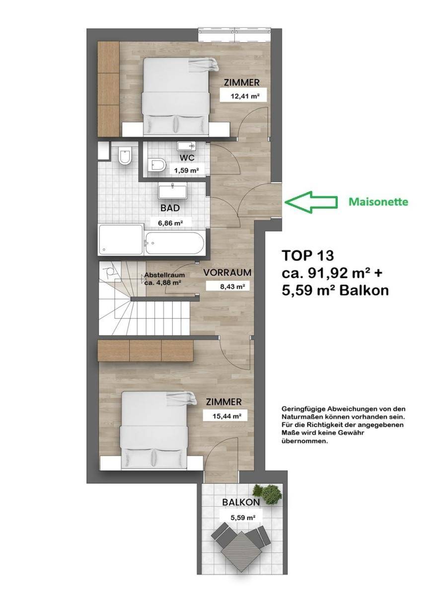 Grundriss der oberen Etage einer Maisonette-Wohnung mit zwei Schlafzimmern, Bad und Balkon.