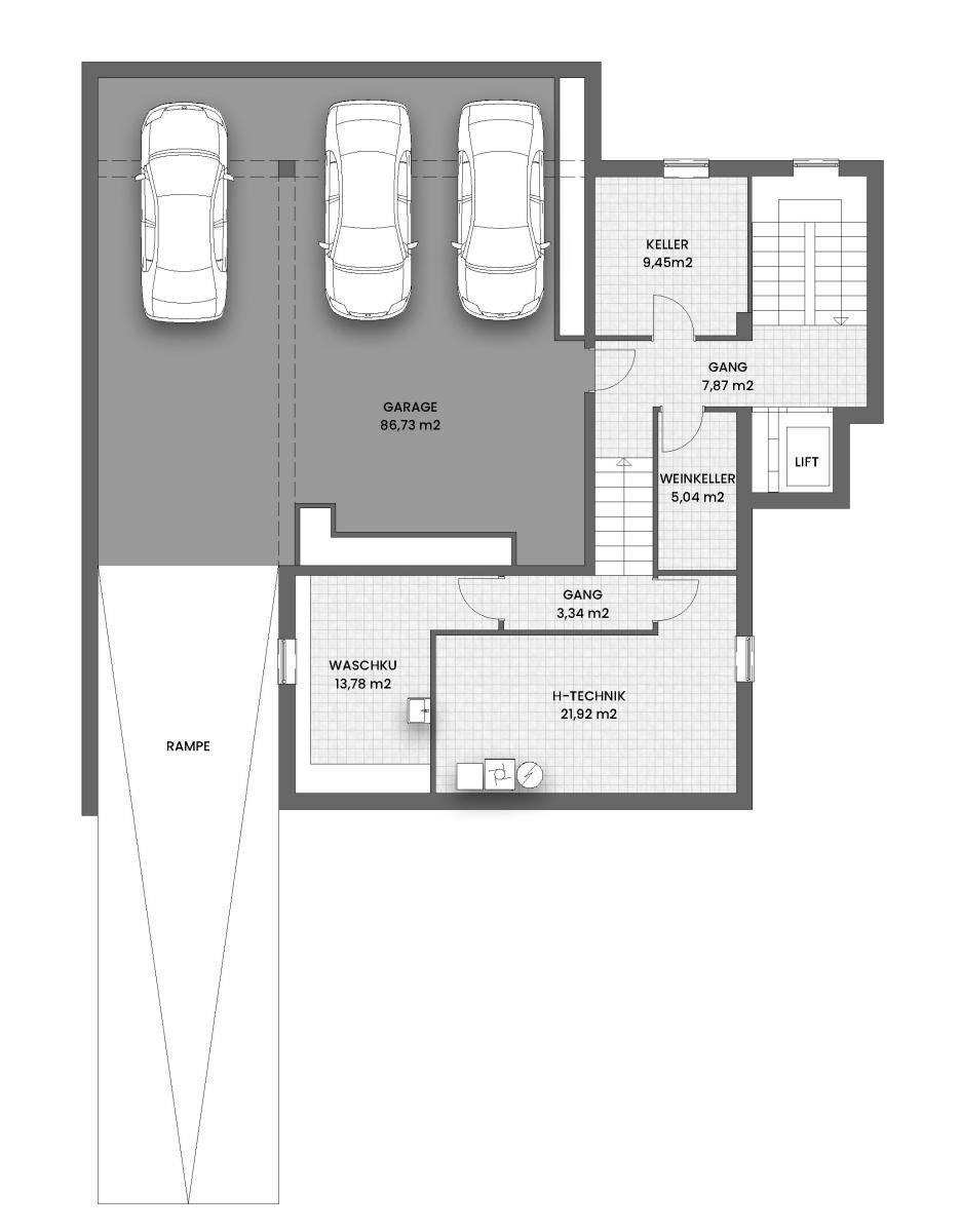 Grundriss des Untergeschosses mit Dreifachgarage, Rampe, Weinkeller und Technikraum.