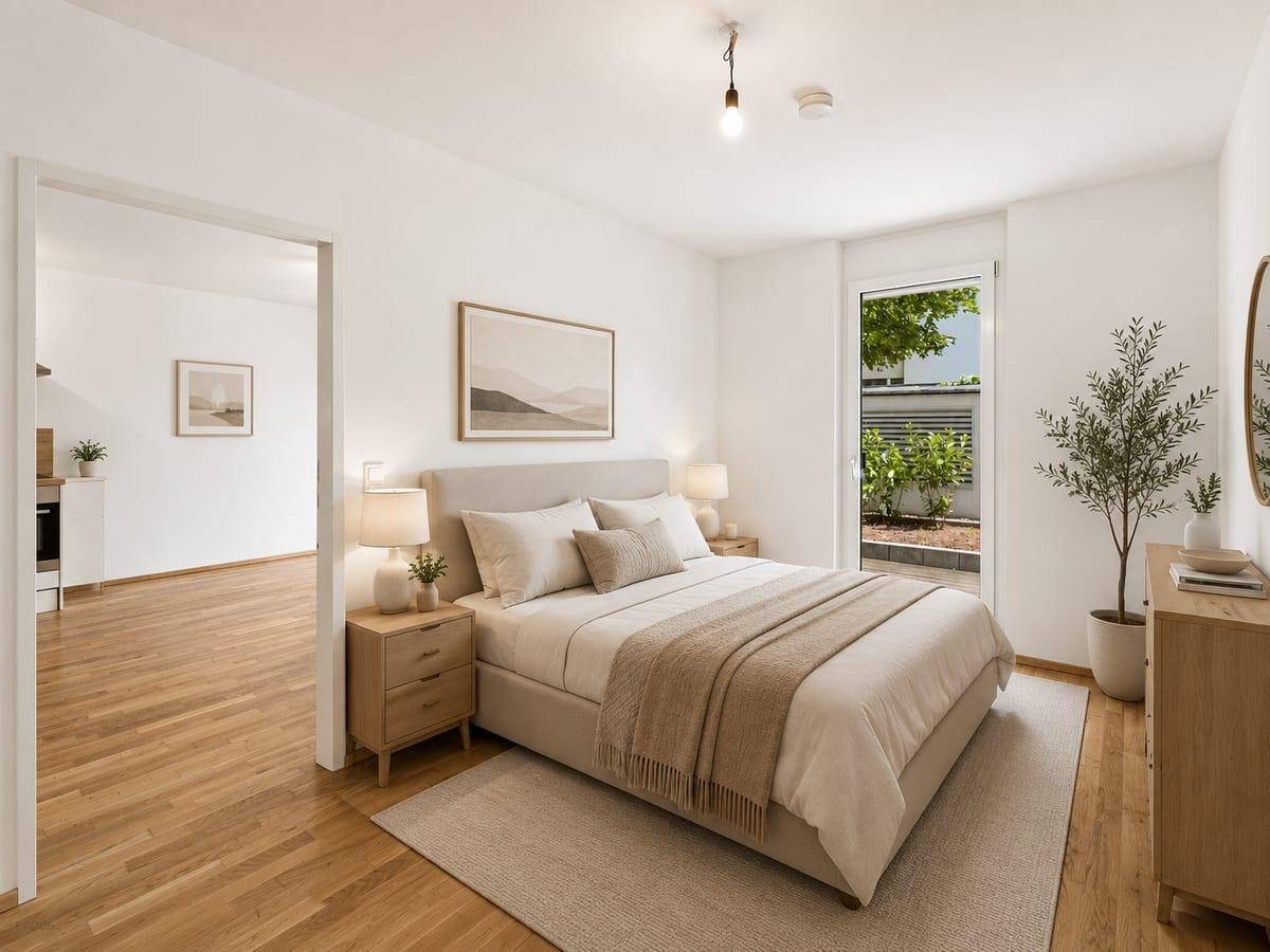 Gemütliches Schlafzimmer mit Holzboden, Zugang zum Außenbereich und moderner Einrichtung.