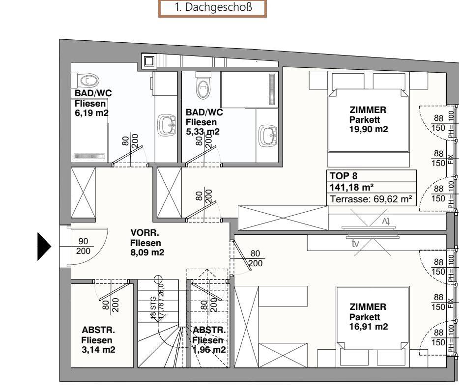 Grundriss des ersten Dachgeschosses mit zwei Bädern, zwei Schlafzimmern und großer Terrasse.