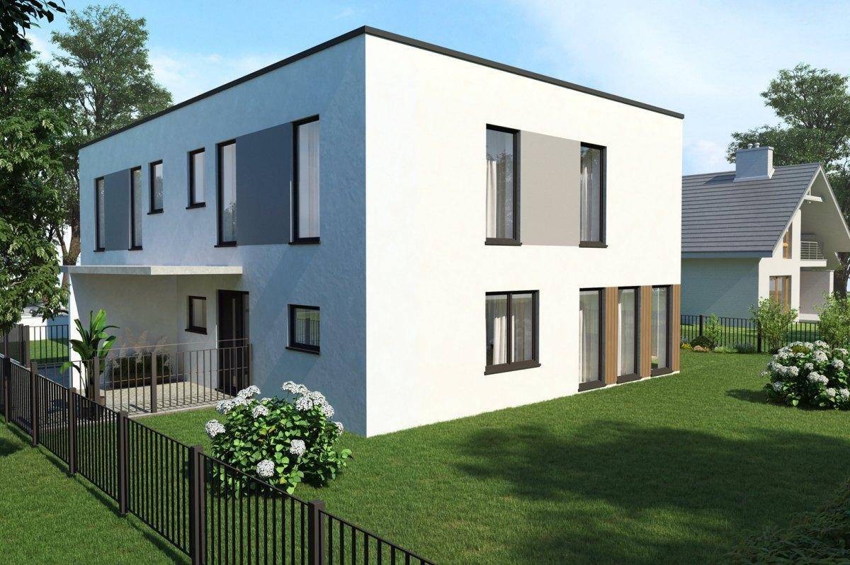 Rückansicht der modernen Doppelhaushälfte mit schlichter Fassade und Gartenbereich.