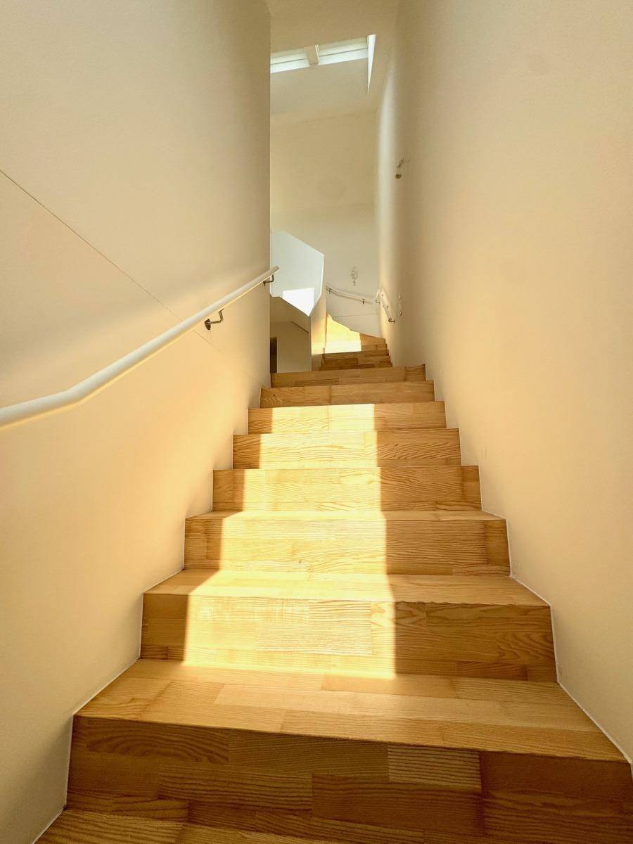 Moderne Holztreppe mit Handlauf, die in die obere Etage führt, lichtdurchflutet.