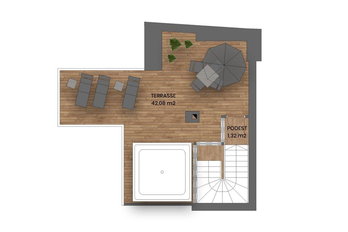 Grundriss der Dachterrasse mit Whirlpool-Bereich und Liegeflächen.
