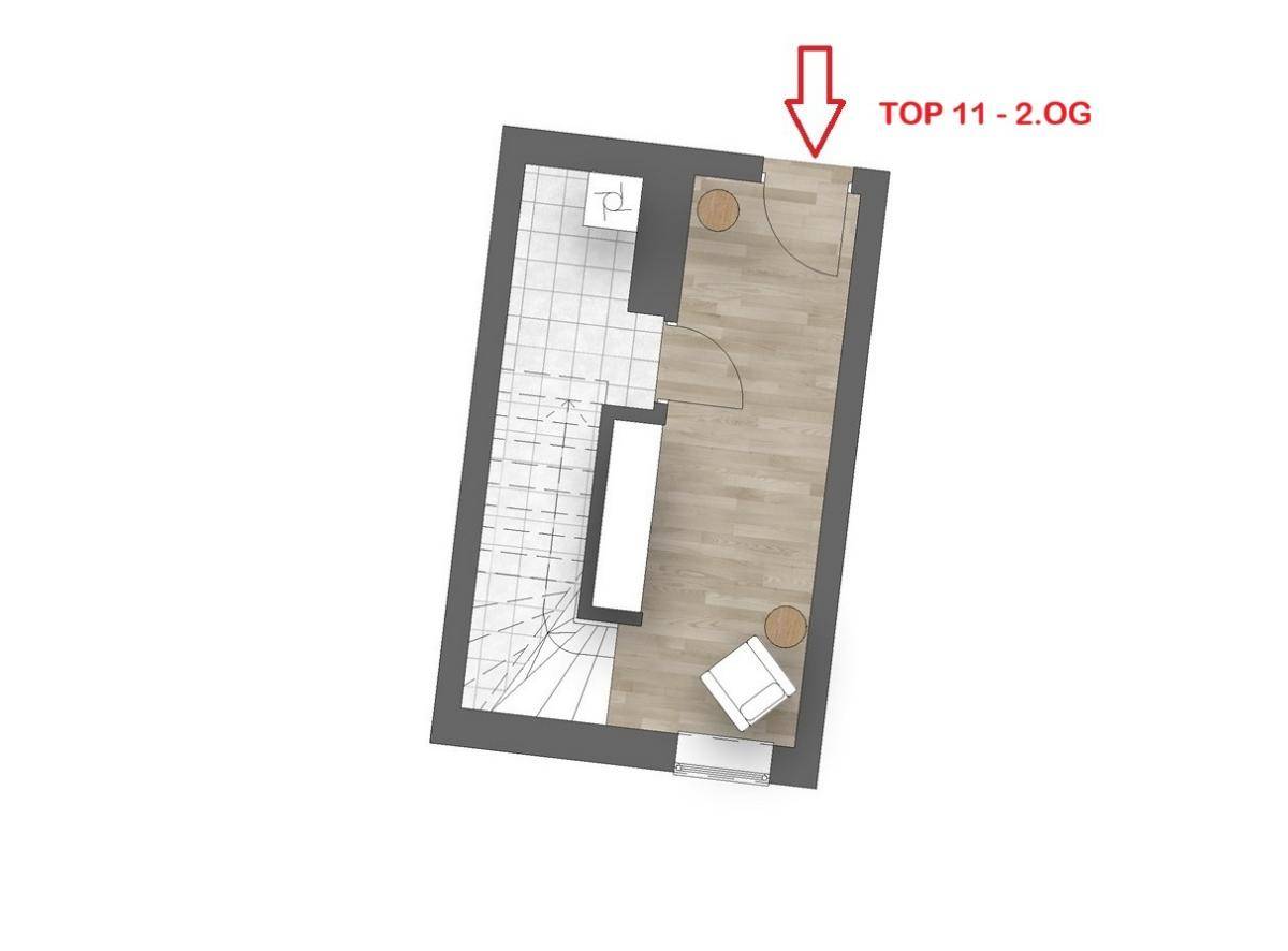 Grundriss der zweiten Ebene mit Treppenaufgang und offenem Bereich, ideal für ein Büro.