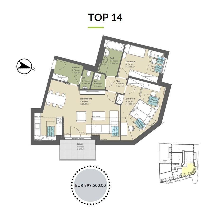 Grundriss der Wohnung Top 14 mit Balkon, zwei Schlafzimmern und offenem Wohnbereich.