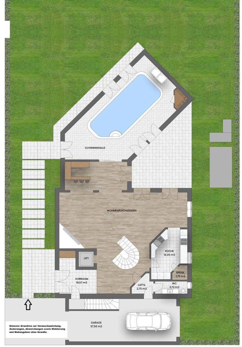 Grundriss des Erdgeschosses mit Wohn-/Essbereich, Küche, Schwimmhalle und Garage.