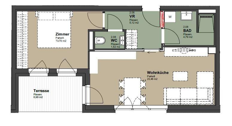 Grundriss einer Wohnung mit Schlafzimmer, Wohnküche, Bad, WC und Terrasse.