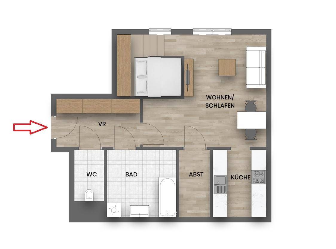 Grundriss einer Wohnung mit Wohn-/Schlafbereich, Küche, Bad und separatem WC.