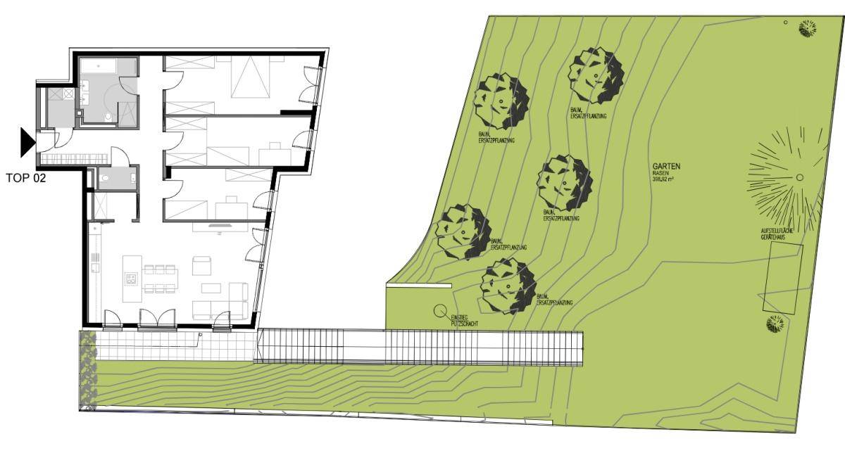 Grundriss des Erdgeschosses mit Gartenbereich und Außenanlagen.