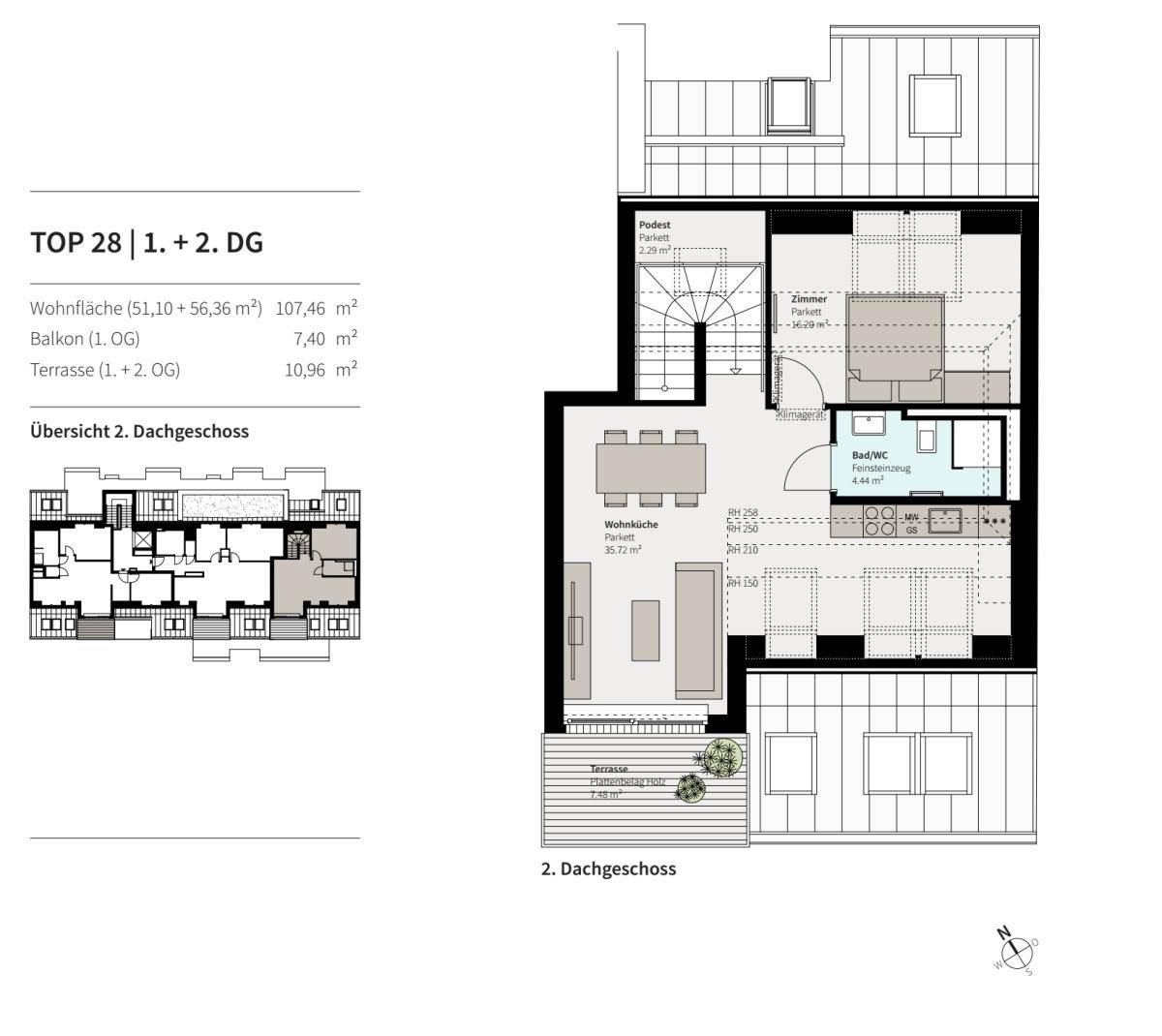 Grundriss des 2. Dachgeschosses von TOP 28 mit Wohnküche, Zimmer und Terrasse.