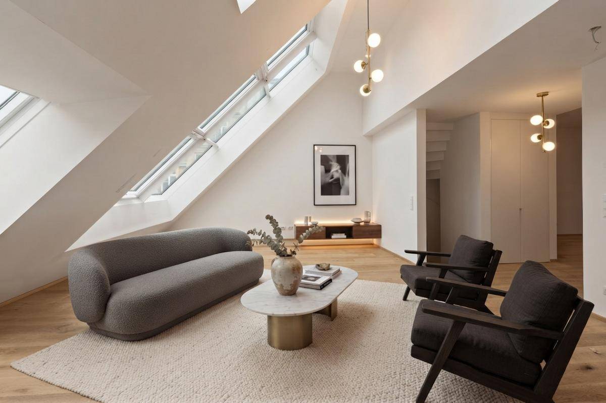 Geräumiges Dachgeschoss-Wohnzimmer mit Holzboden, schrägen Wänden und moderner Beleuchtung.