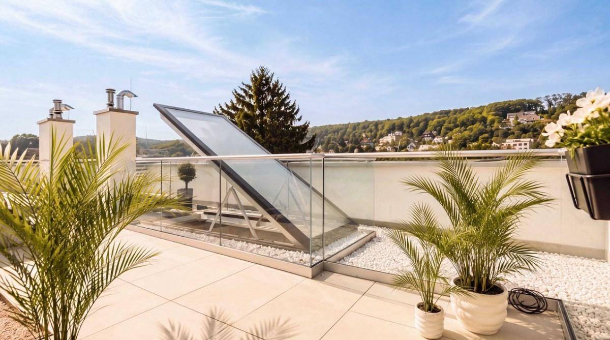 Exklusive Dachterrasse mit Glasgeländer, Pflanzen und einem beeindruckenden Blick auf die bewaldeten Hügel.
