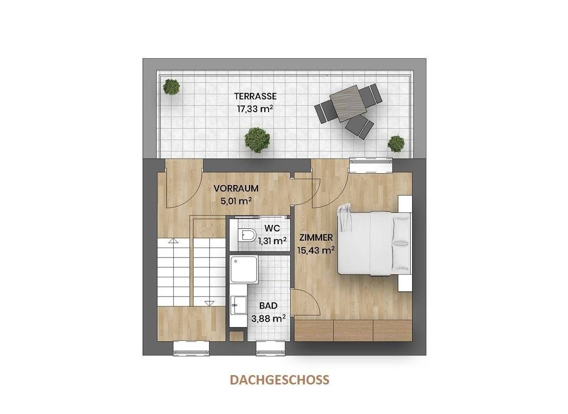 Grundriss des Dachgeschosses mit Schlafzimmer, Bad, WC und großer Dachterrasse.