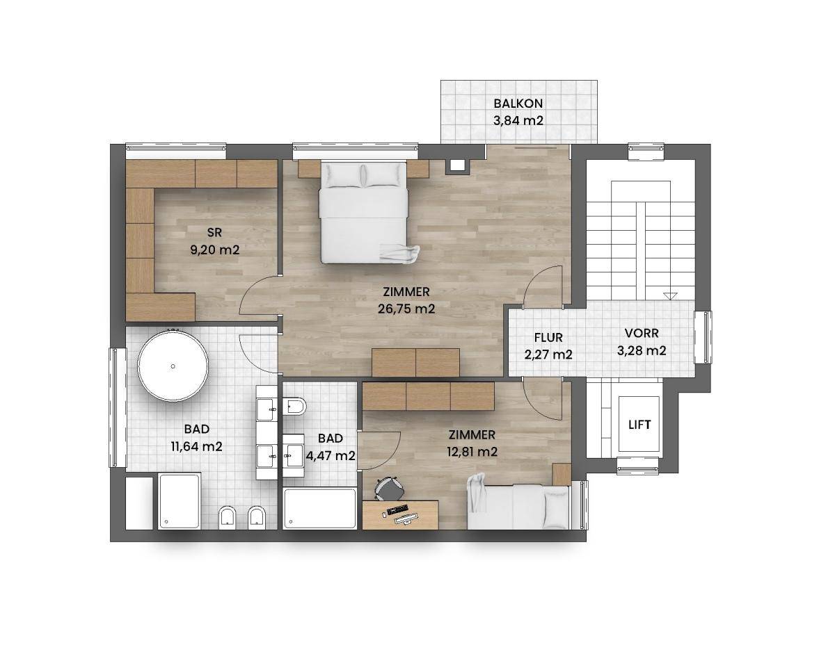 Grundriss des Schlafgeschosses mit zwei Bädern, Schlafzimmern und Balkon.