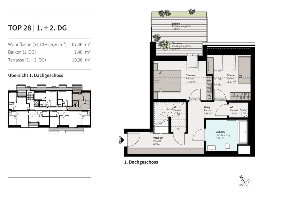 Grundriss des 1. Dachgeschosses von TOP 28 mit Zimmern, Bad und Balkon.