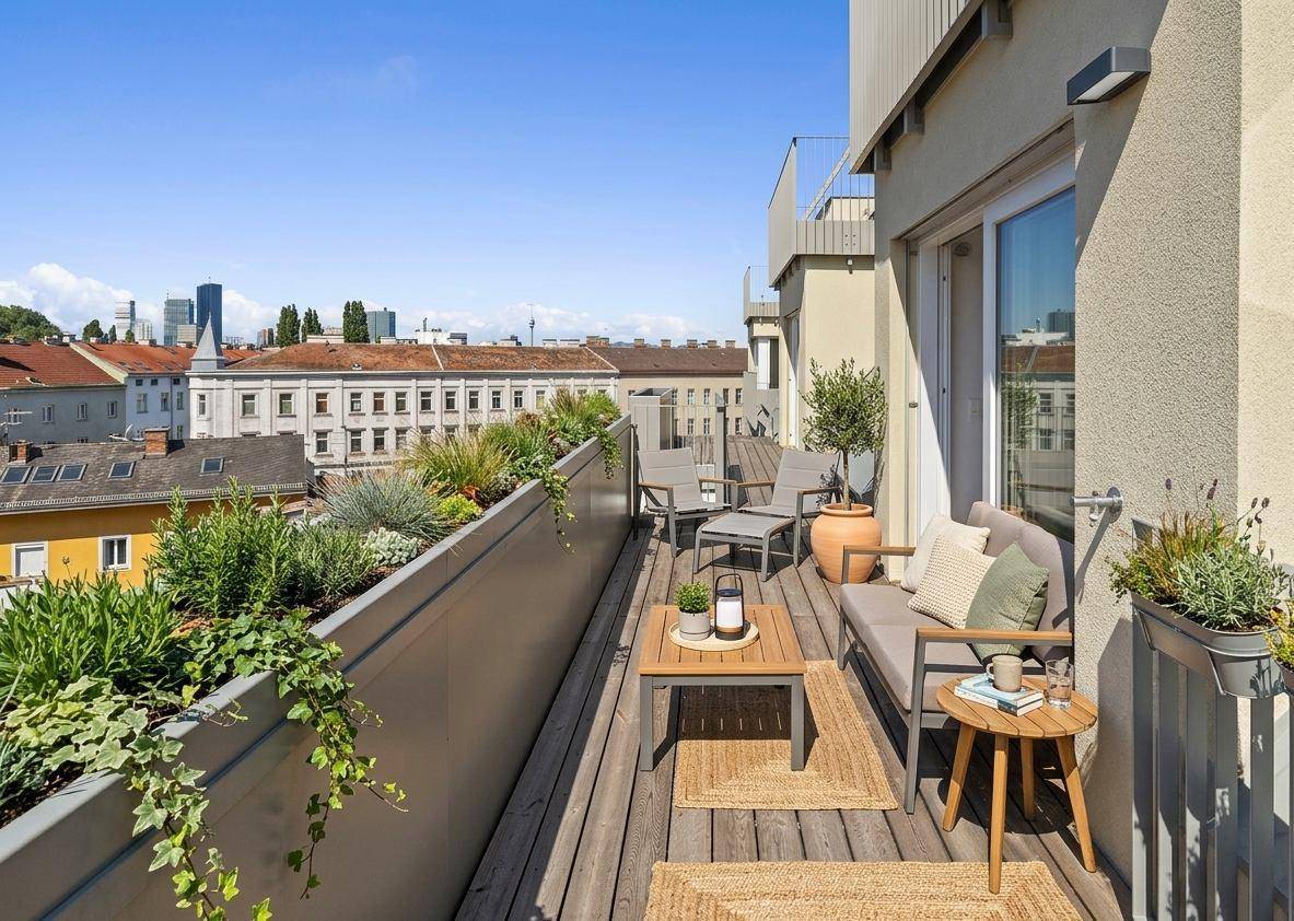 Langer Balkon mit Holzboden, Sitzgelegenheiten und weitem Blick über die Stadt.
