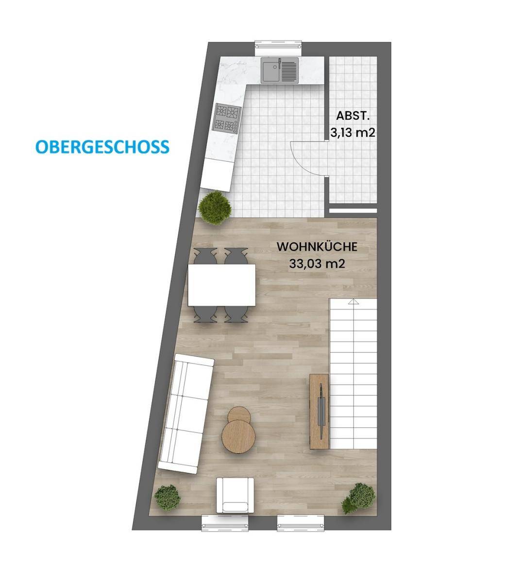 Grundriss des Obergeschosses mit offener Wohnküche, Essbereich und Wohnzimmer.
